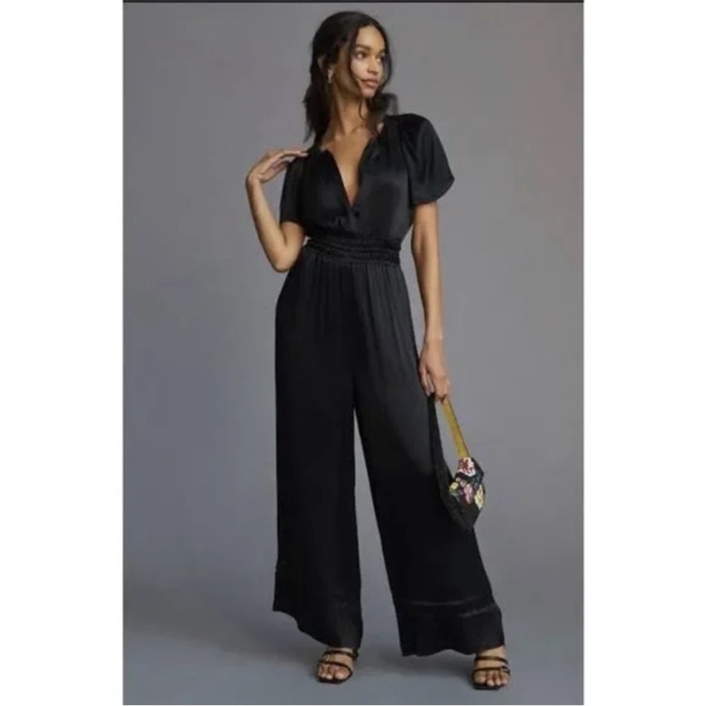 Anthropologie Black Satin Jumpsuit